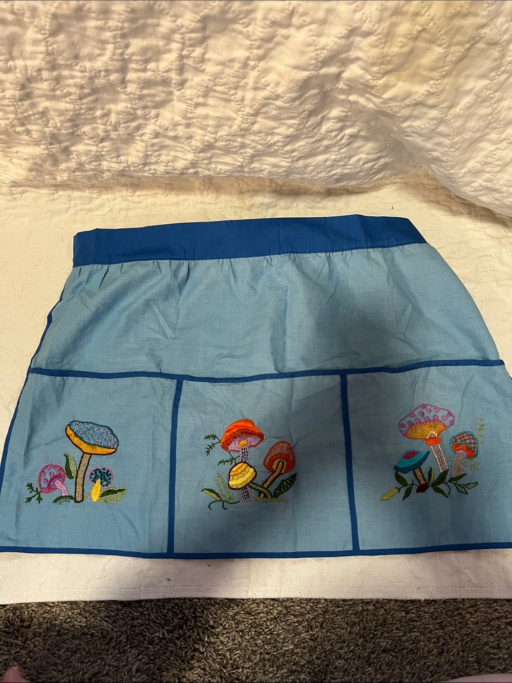 Blue Waist Apron with Embroidered Mushrooms
